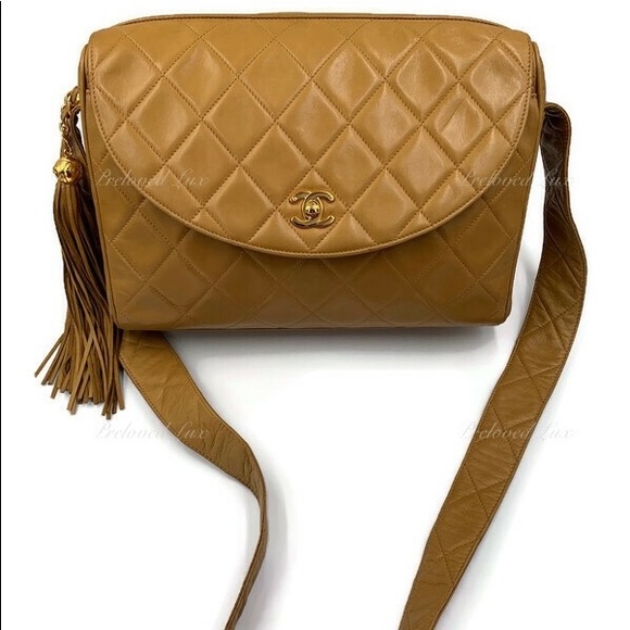 Authentic CHANEL Lambskin Camel (Dark Beige) Large Camera Bag with Tassel - Picture 3 of 12